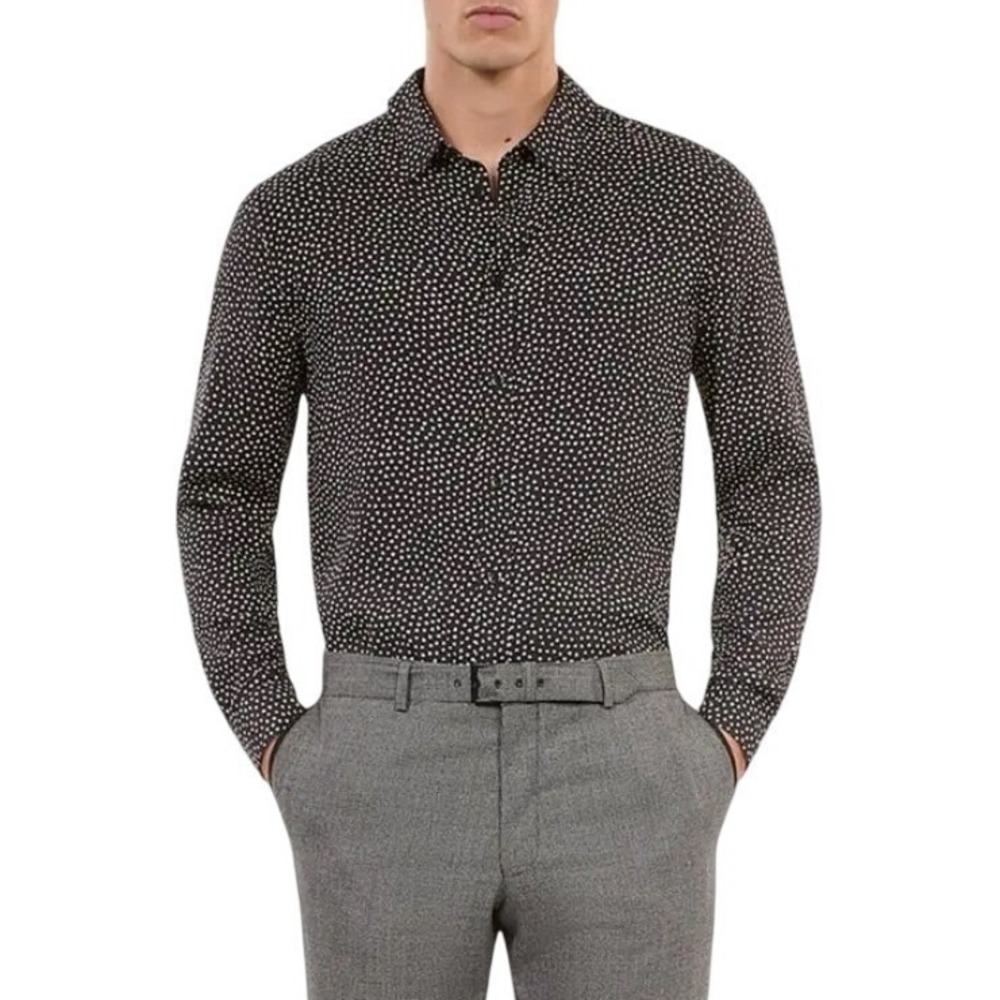NWT The Kooples Mens Mini Hearts Print Button Down Shirt, FR L, Black, Viscose